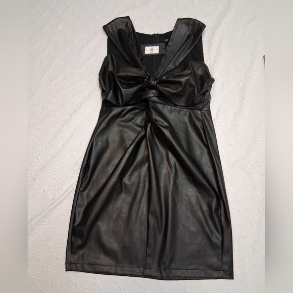FTF Strapless Black Faux Leather Knot-Front Evening Dress Midi - Picture 10 of 16